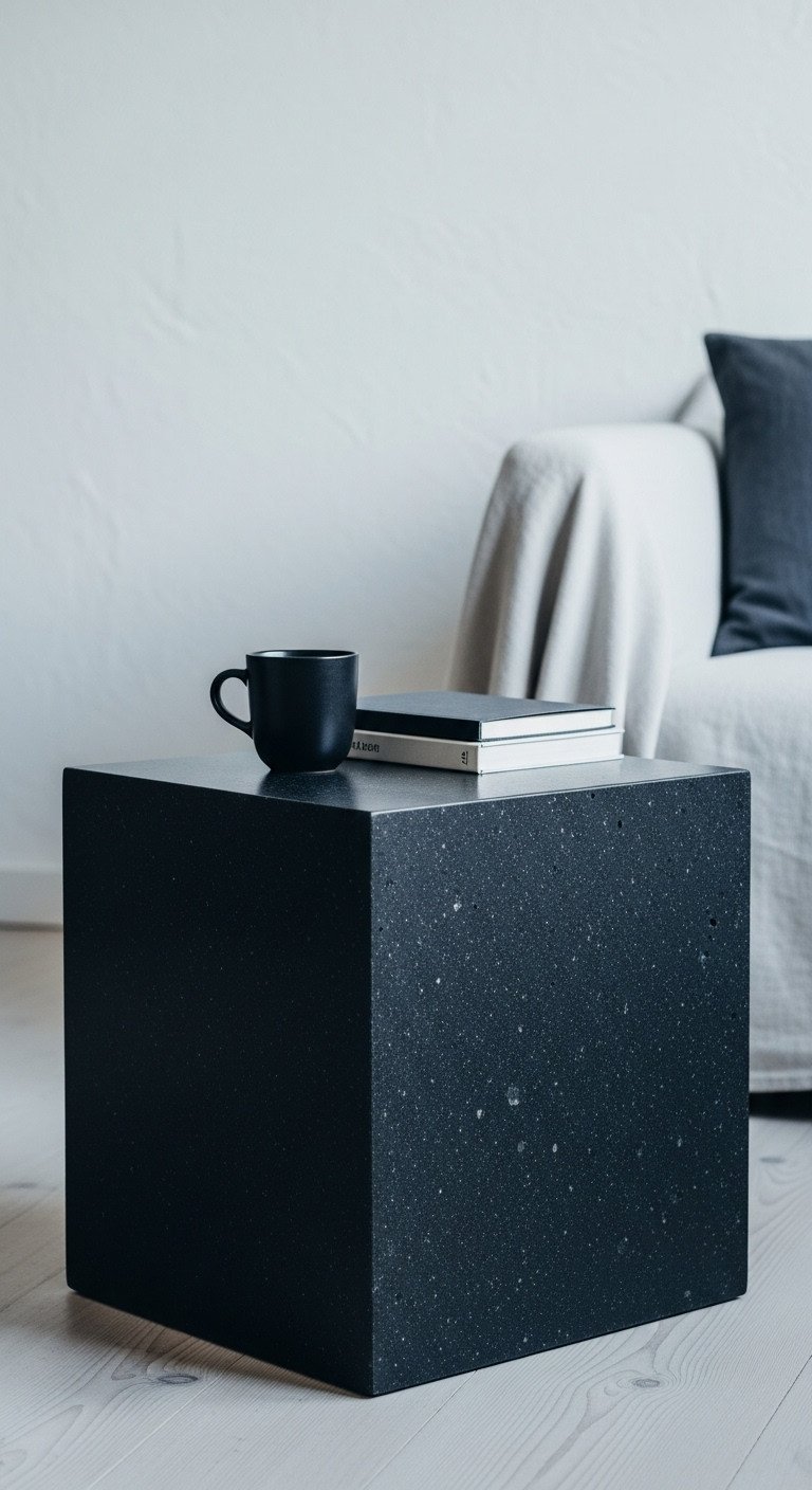 Unique Stone Coffee Table Designs To Transform Any Living Space 13 Minimalist black basalt cube coffee table, matte black finish, clean lines, bleached oak floor, modern elegant living room.