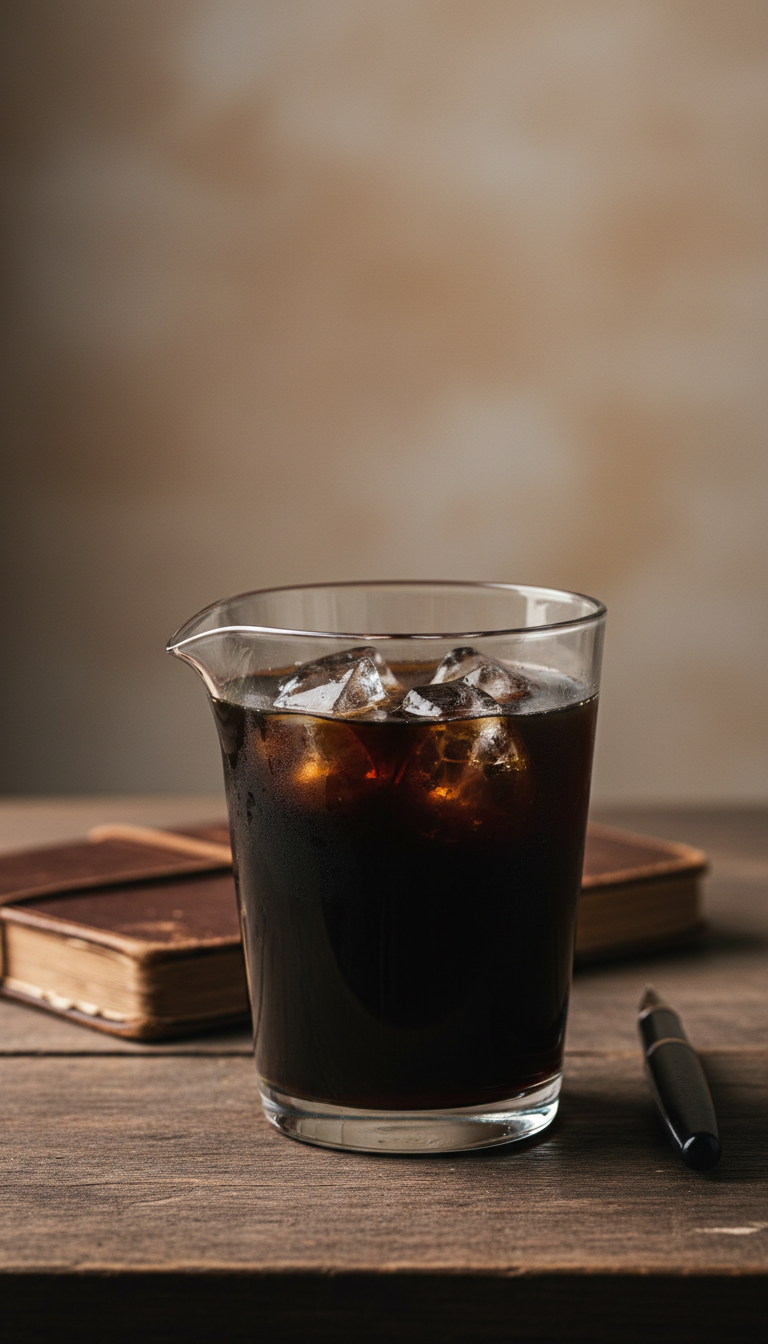 Minimalist black iced coffee in dark glass with clear ice, leather notebook & pen on wooden table. Sophisticated drink.
