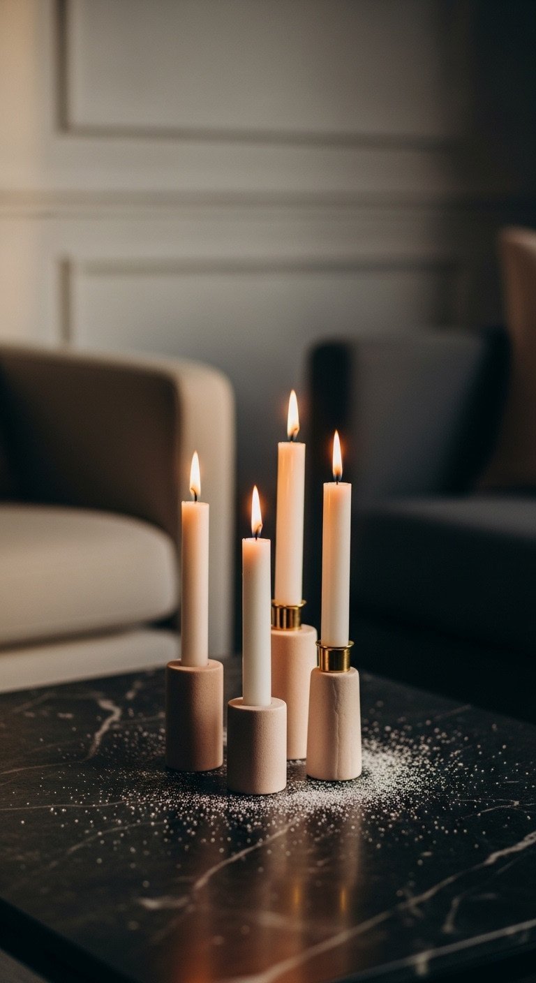 Minimalist brass candle holders with white taper candles on a dark stone coffee table, subtle faux snow. Elegant, warm glow winter decor.