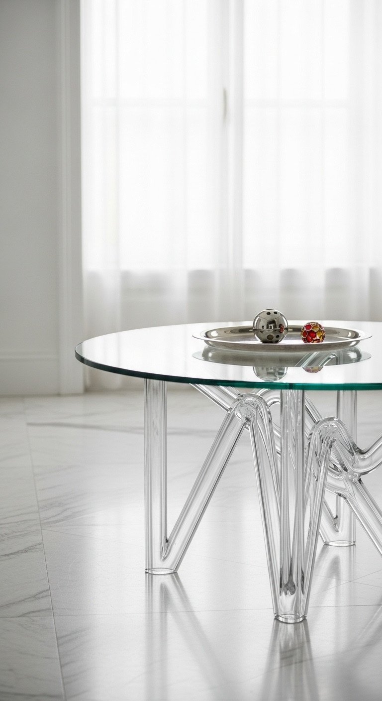 Genius Sculptural Coffee Table Designs For A Stunning Home 8 Minimalist clear glass sculptural coffee table with curving base, thin round top, on light marble, reflecting airy daylight in a modern room.