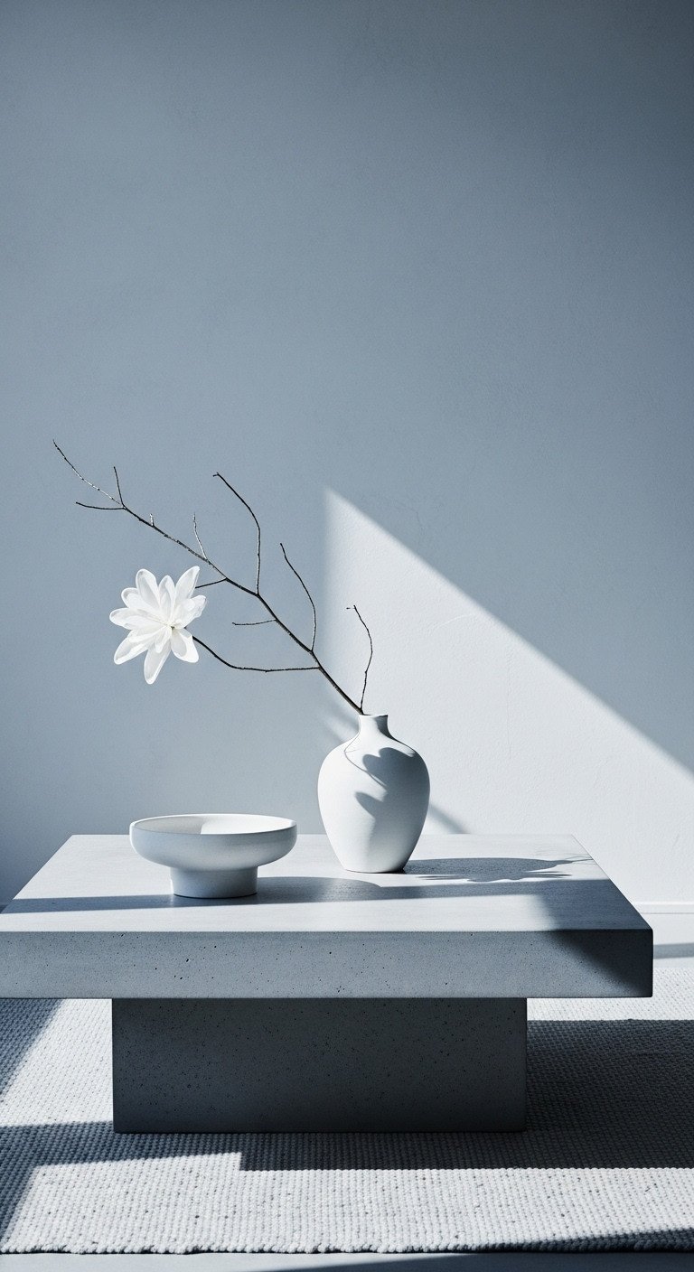 Minimalist coffee table decor: stark white ceramic vase with sculptural branch on a low-profile concrete table, serene styling.