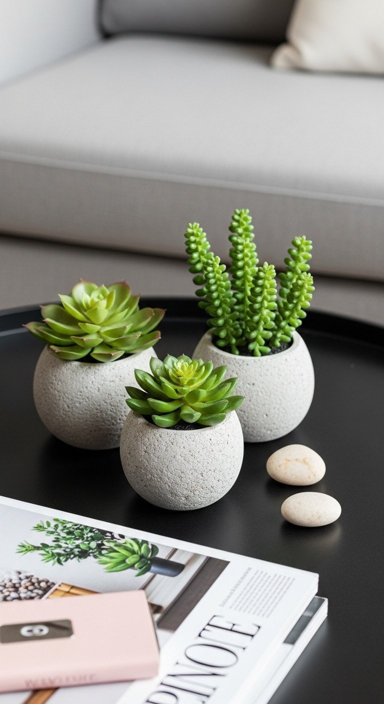 Minimalist coffee table decor: three faux succulents in natural stone pots on a sleek black round table, clean and fresh.