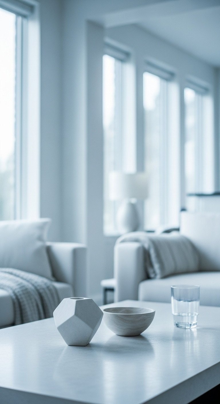 Minimalist coffee table styling with a single abstract geometric sculpture on a clean white stone surface. Serene, modern decor, empty space.