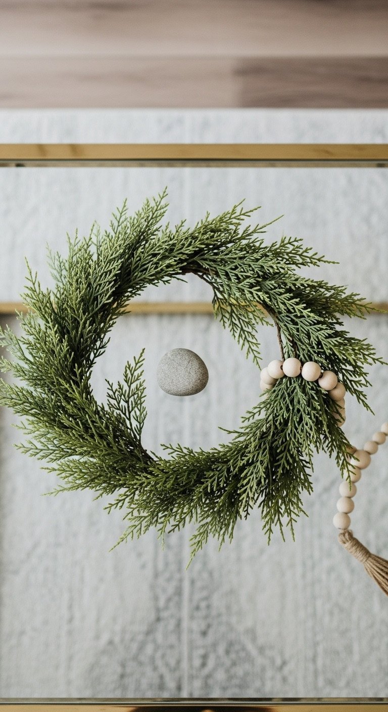 Minimalist faux cedar garland wreath centerpiece on clear glass coffee table with a small river stone. Fresh decor.
