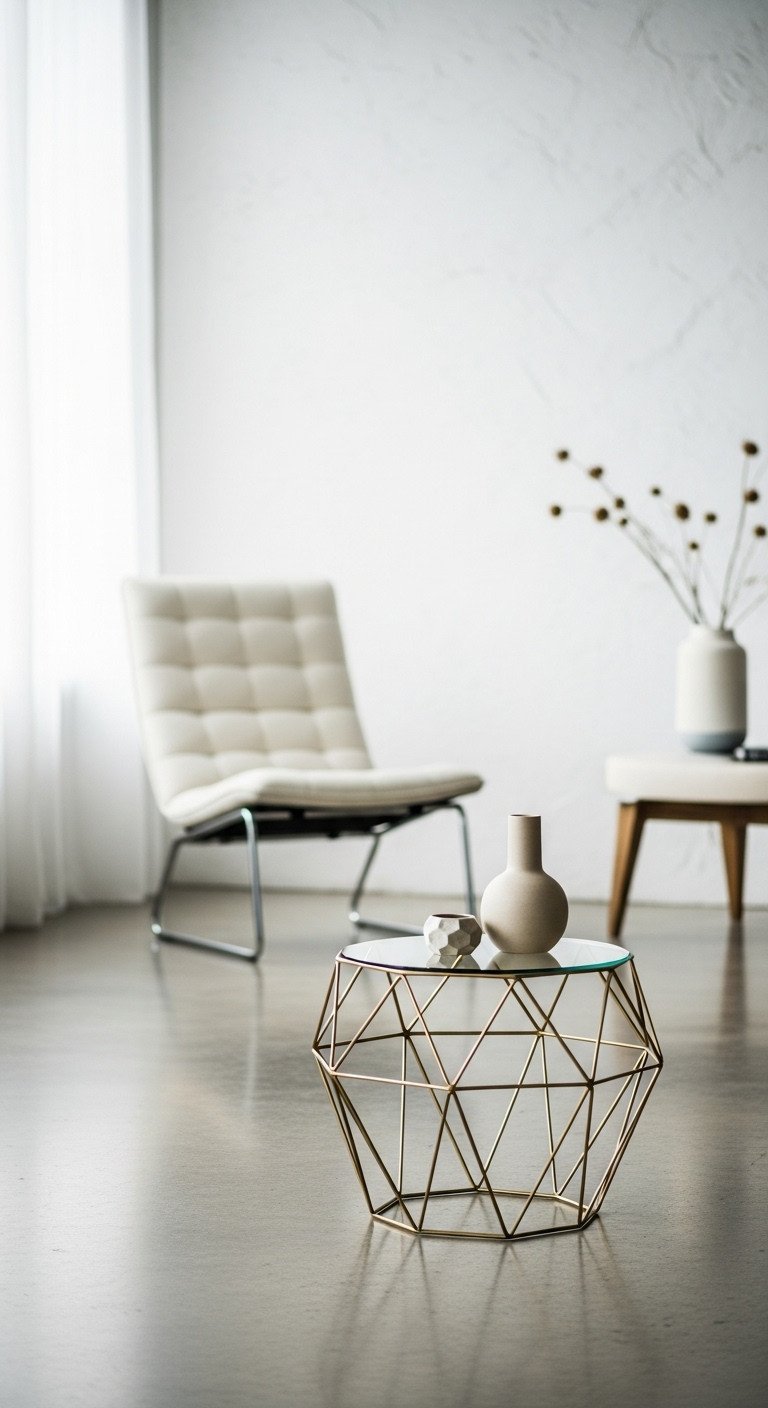 Minimalist geometric brass skeleton coffee table with glass top and vase on polished concrete in modern apartment.