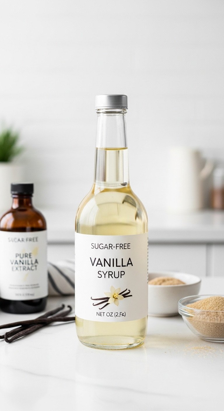 Perfect Homemade Coffee Syrup A Foolproof Recipe Guide 13 Minimalist glass bottle of clear, sugar-free vanilla syrup on a clean white countertop next to vanilla extract.