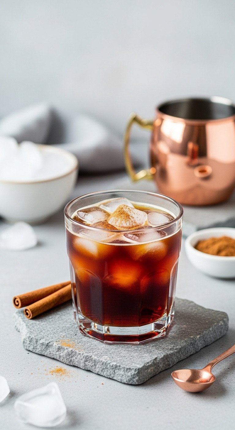 9 Genius Coffee Recipes To Master Lattes And Save Money 11 Minimalist iced americano with dark coffee, clear ice, and cinnamon sprinkle on a stone surface, perfectly chilled.