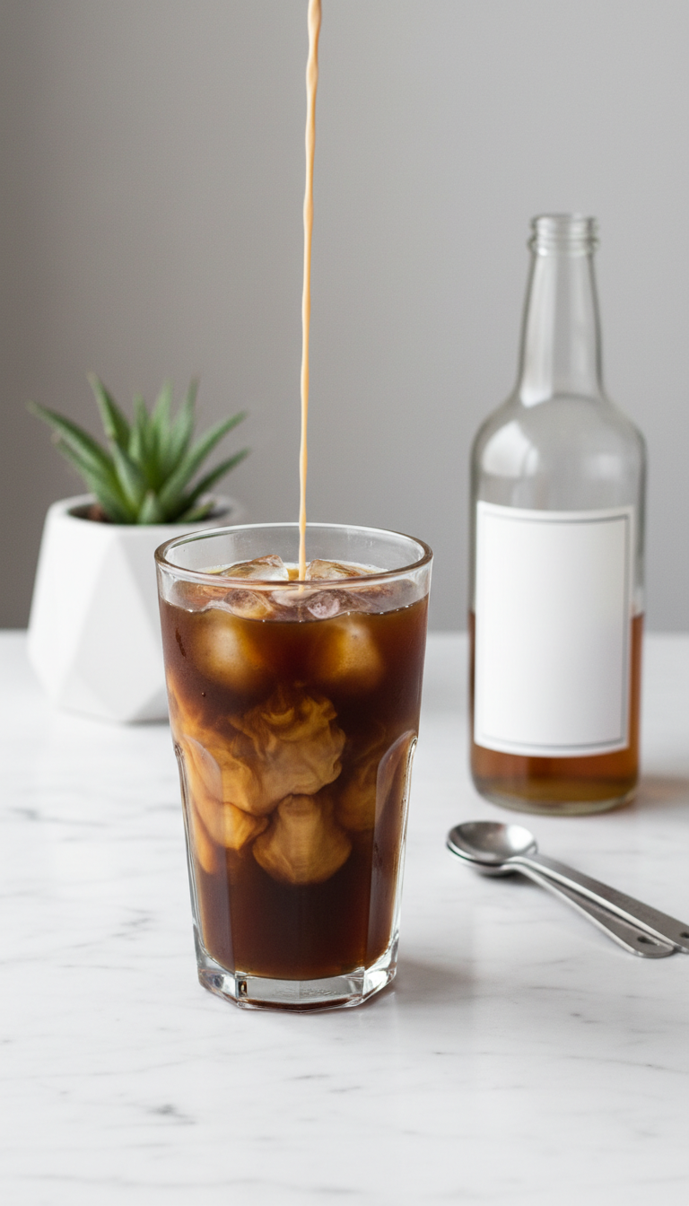 Minimalist iced cold brew coffee with almond milk, sugar-free syrup, green succulent on white marble countertop. Healthy fresh.