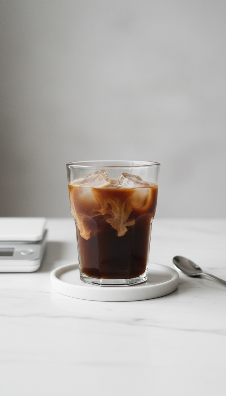Minimalist iced cold brew with oat milk, clear ice, digital scale, white saucer on clean white table. Sophisticated coffee.