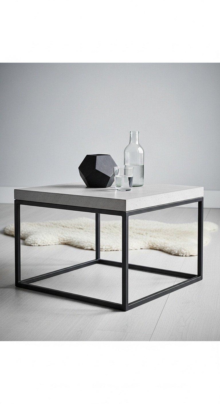 Minimalist industrial coffee table with light gray concrete top, black steel frame, geometric sculpture in modern living.