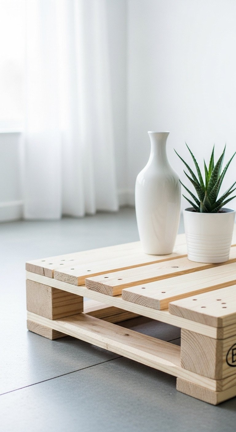 7 Genius Pallet Wood Coffee Table Ideas For Easy DIY 5 Minimalist low-profile pallet coffee table, raw wood finish. Vase, succulent; light gray concrete floor, bright room. Monochromatic blues, whites.