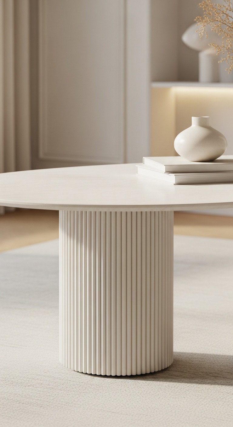 Smart Oval Coffee Table Ideas to Elevate Your Living Room 15 Minimalist oval coffee table with a sculptural fluted pedestal base, showcasing texture in a sophisticated living room.