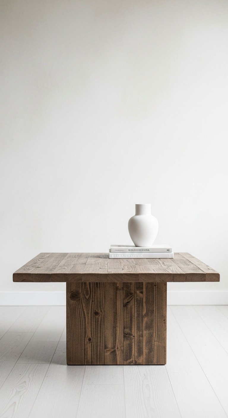 Minimalist reclaimed wood coffee table with thin floating top and recessed base, clean lines, modern serene living room.