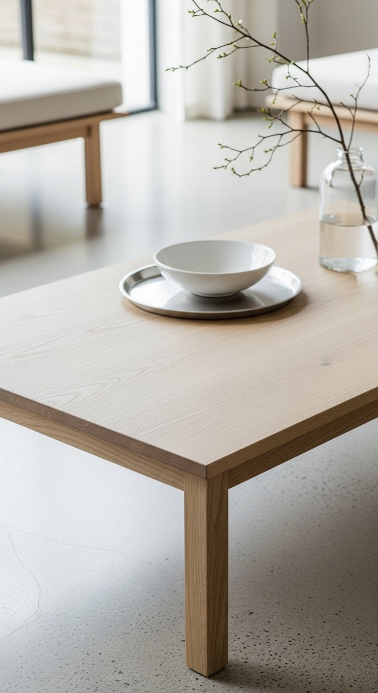 Minimalist rectangular white oak coffee table with clean lines, light wood, and a clear finish in a modern, streamlined living space.