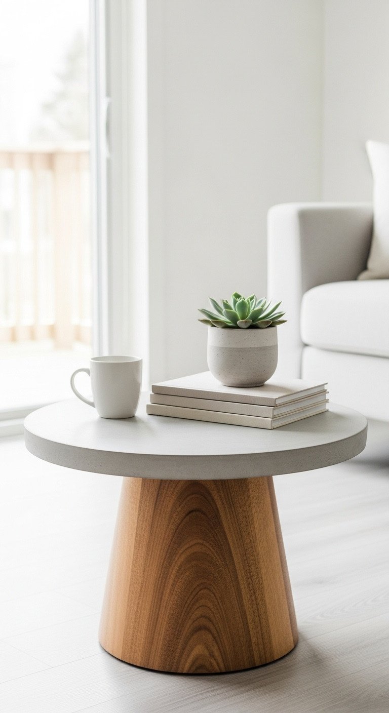 Minimalist round concrete coffee table with a light gray top and wooden pedestal base, styled with a succulent and books.