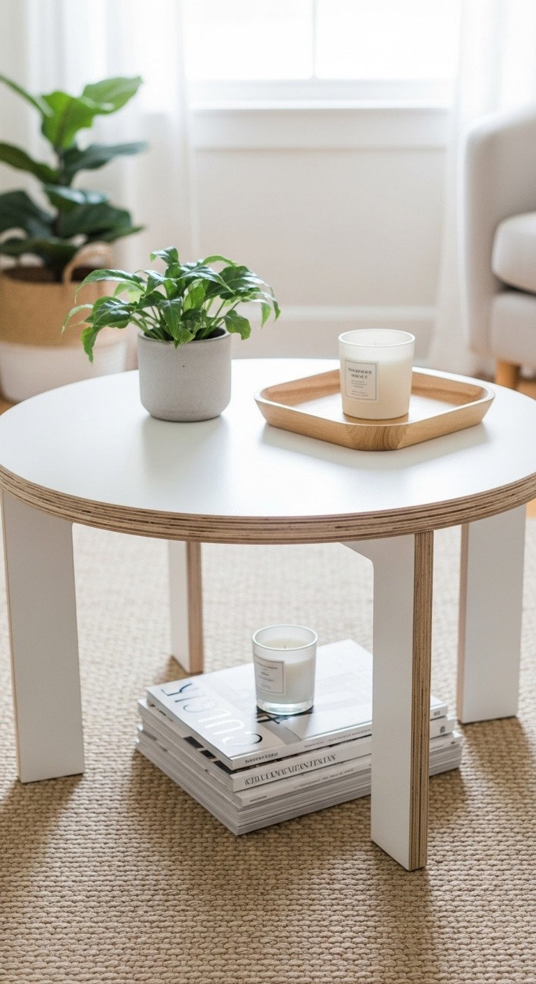 Minimalist round plywood coffee table, white finish, exposed edges. Small organized living room modern decor.