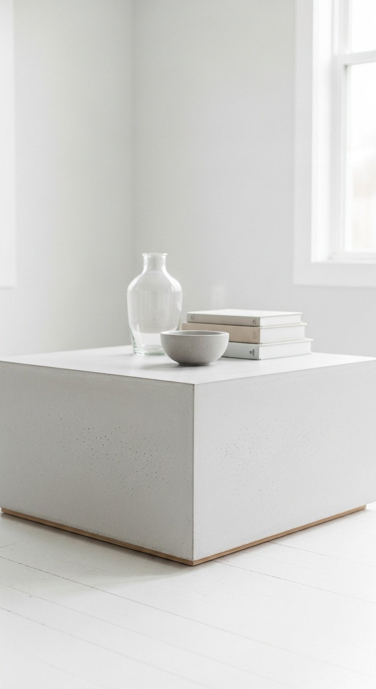 Minimalist square concrete coffee table in a modern bright interior with a glass vase and muted books.