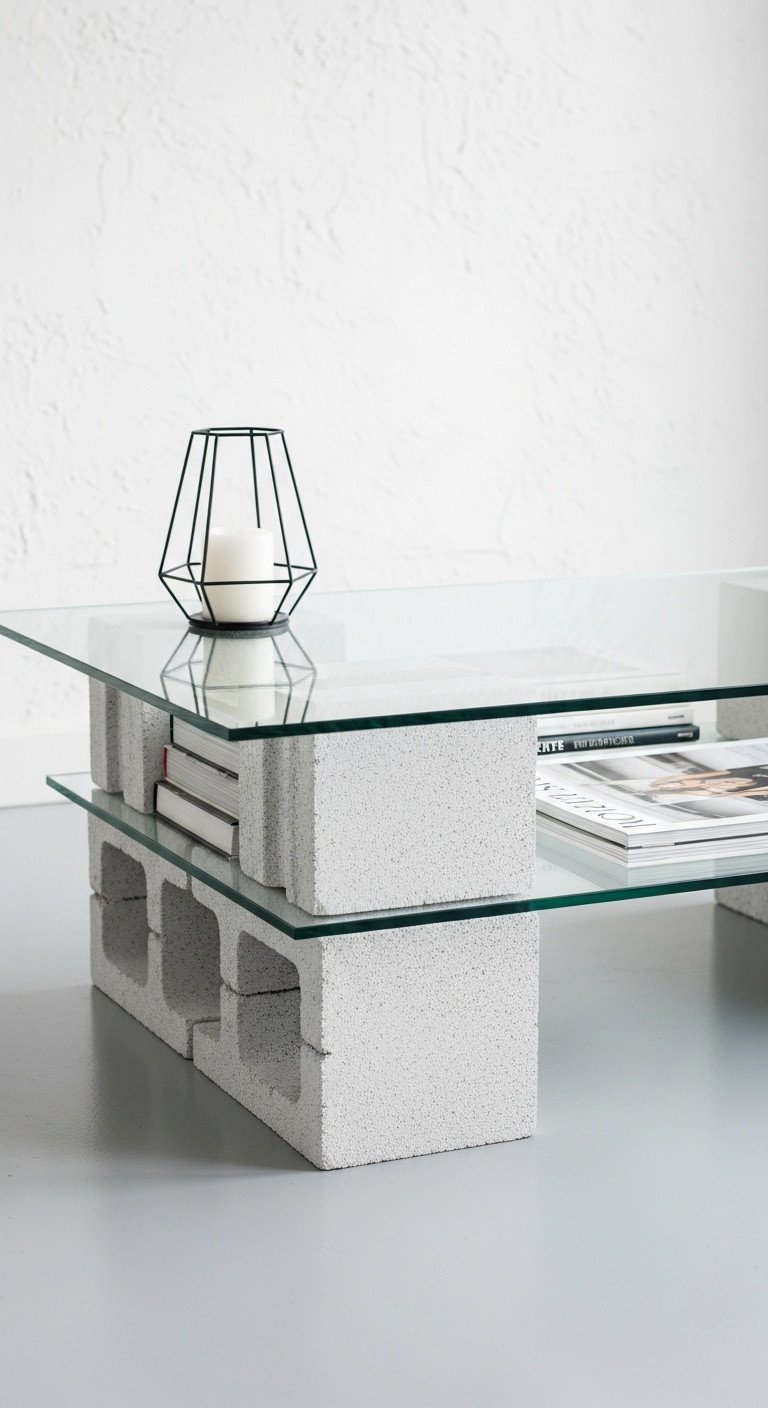 Minimalist white cinder block coffee table with glass top, displaying books. Modern interior, sleek design.