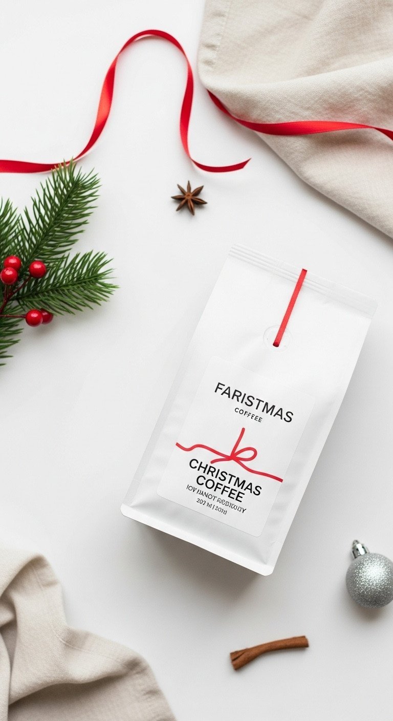 Minimalist white coffee bag with elegant red Christmas ribbon graphic, on a white surface with greenery, modern design.