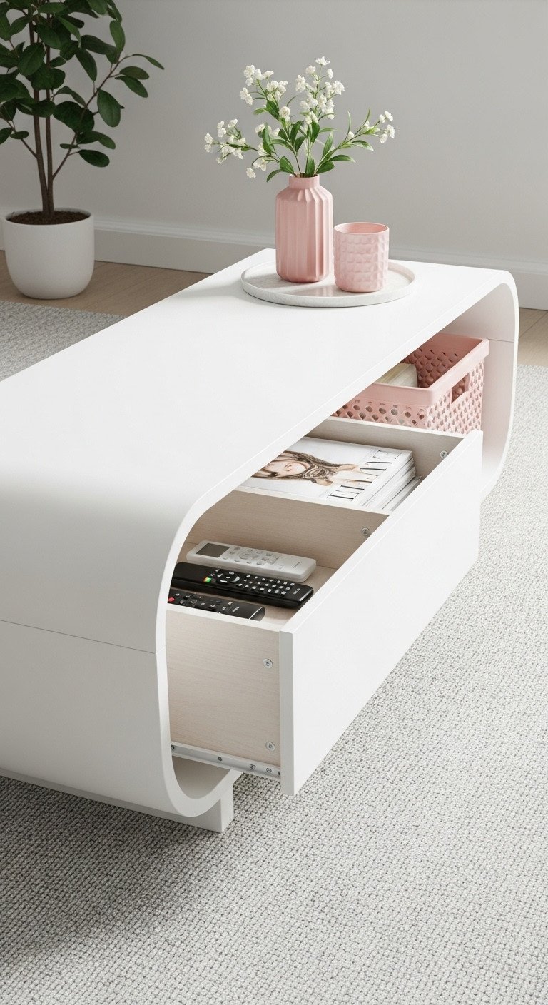 Minimalist white curved coffee table with storage, organized with remotes and magazines, in a bright living room.