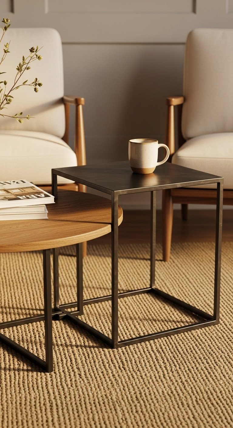 Mixed-material coffee tables: round wood, square metal with mug & magazines, positioned between two armchairs on a rug. Cozy, warm living space.