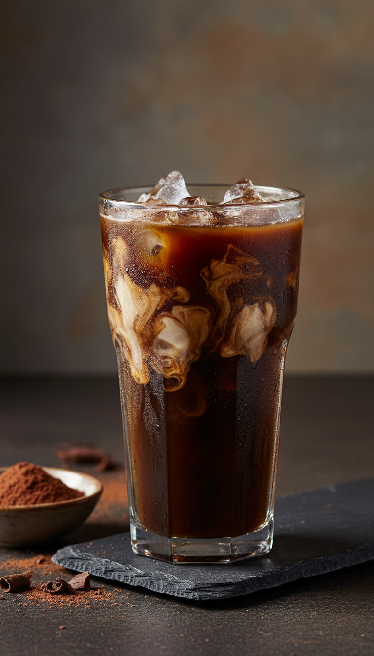 Dunkin' White Chocolate Iced Coffee Perfect Order 11 Mocha & White Chocolate iced coffee, distinct pale swirl in clear cup. Dark stone, dramatic light, cocoa, chocolate shavings.