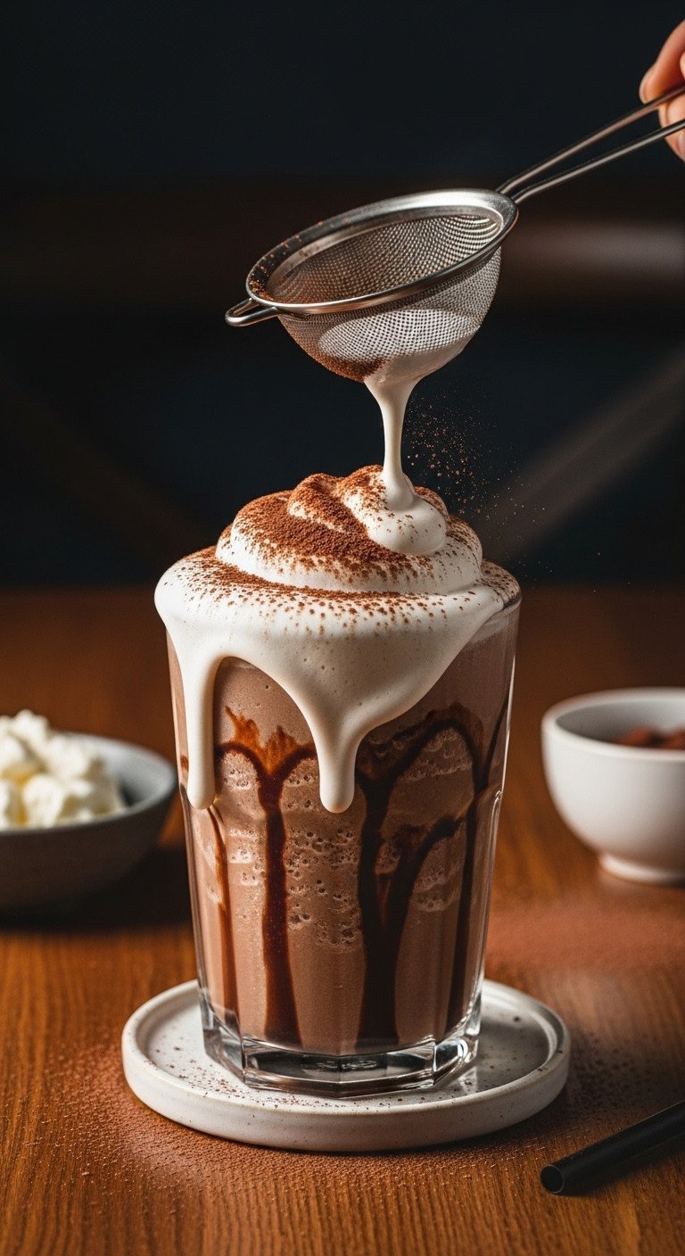 Mocha Frappe Copycat Guide For Perfect Creamy Texture 17 Mocha frappe with thick cold foam topping cascading, dusted with cocoa powder, dark straw on wood table.