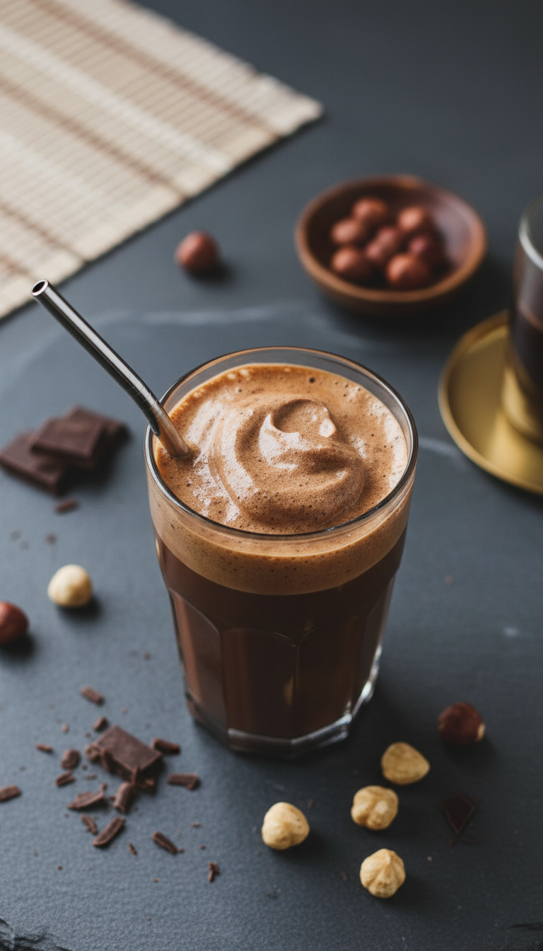 Mocha hazelnut iced coffee in a glass tumbler with metal straw, foam, dark chocolate shavings, hazelnuts on dark stone.
