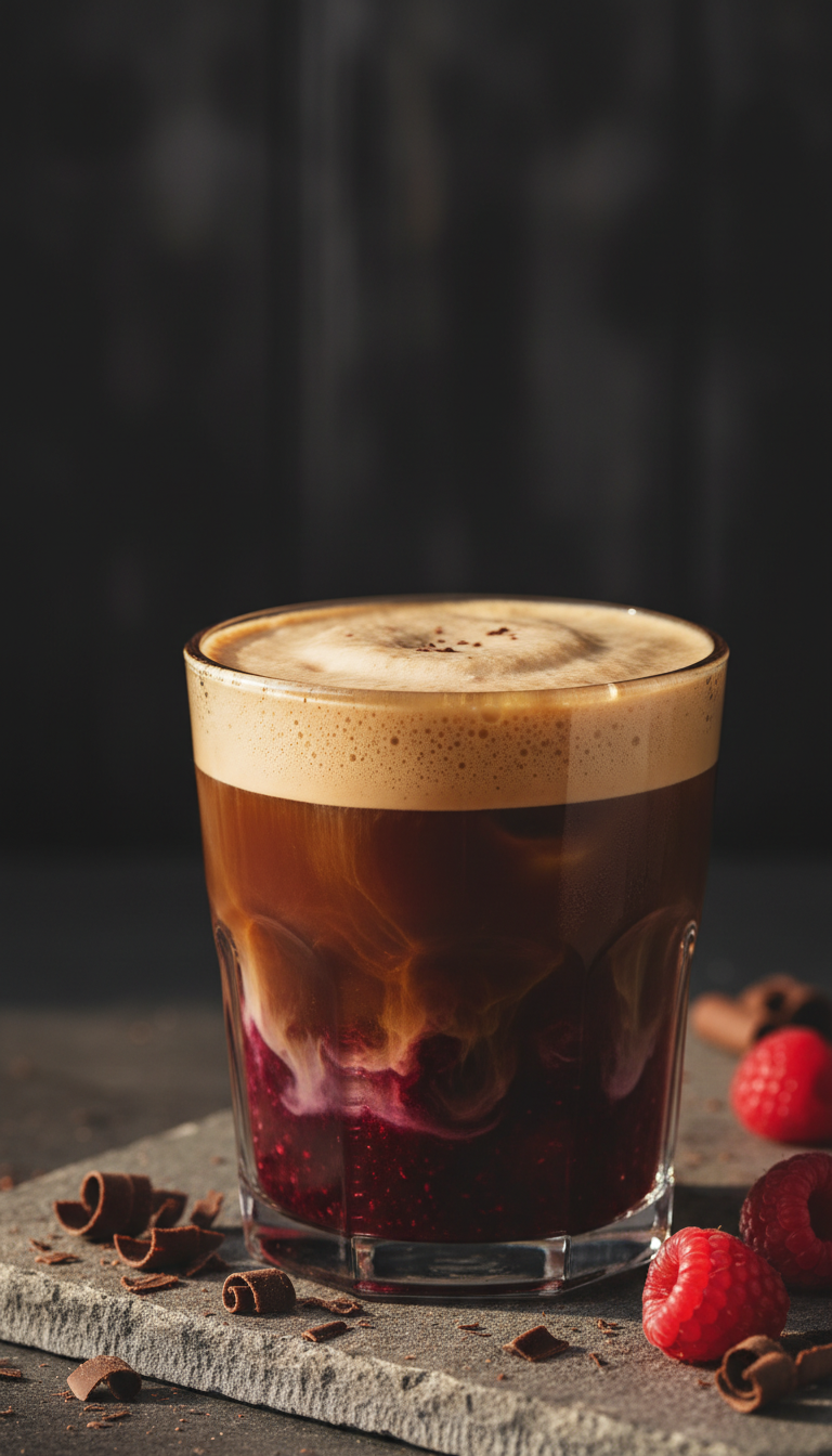 Mocha iced coffee, raspberry swirl, creamy oat milk foam. Stone surface, chocolate shavings, fresh raspberries. Elegant, brown & cream.