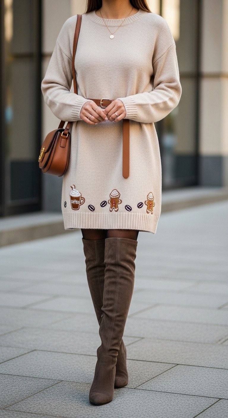 Model in chic Christmas coffee sweater dress, leather belt, black tights, suede boots. Elegant holiday fashion with coffee details.