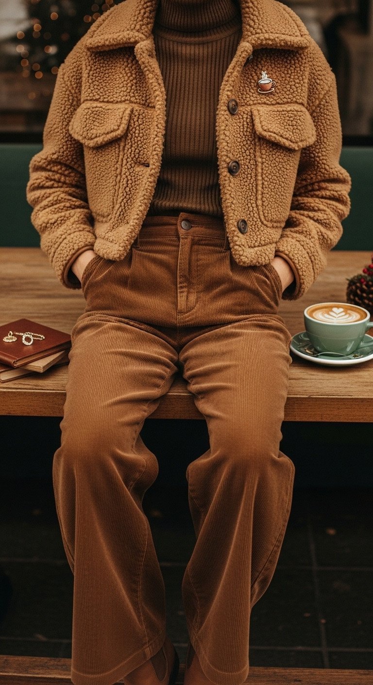 Model in cozy winter coffee date outfit: brown corduroy trousers, mocha turtleneck, teddy jacket, coffee pin.