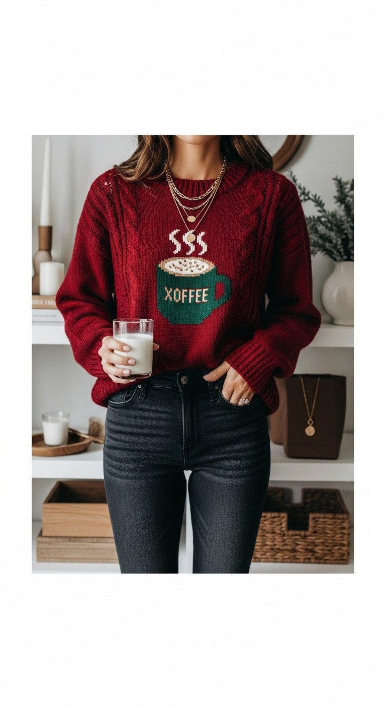 Model wears casual Christmas coffee outfit: oversized retro Xmas sweater with coffee cup design, skinny jeans.