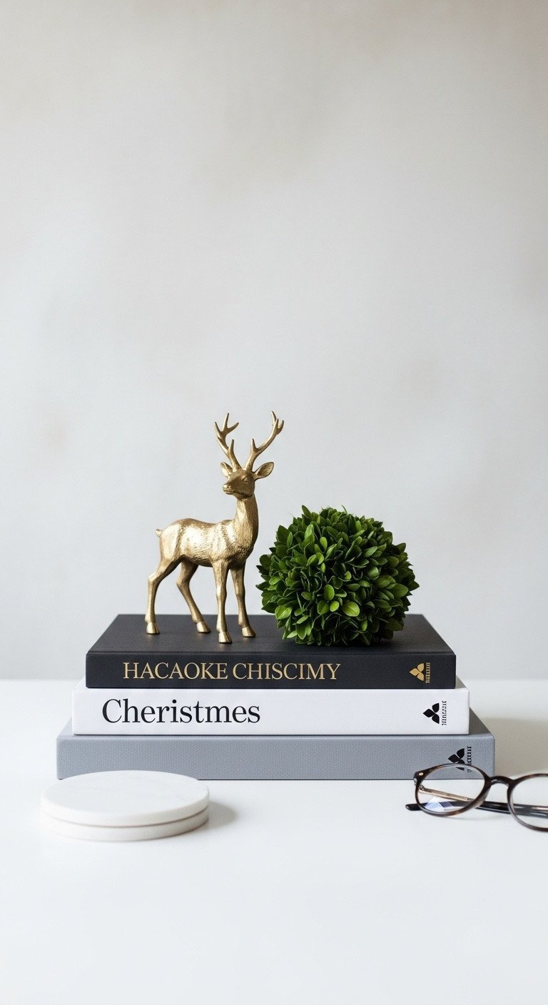 Modern Christmas decor: stacked coffee table books with gold deer figurine and boxwood wreath. Minimalist holiday styling.