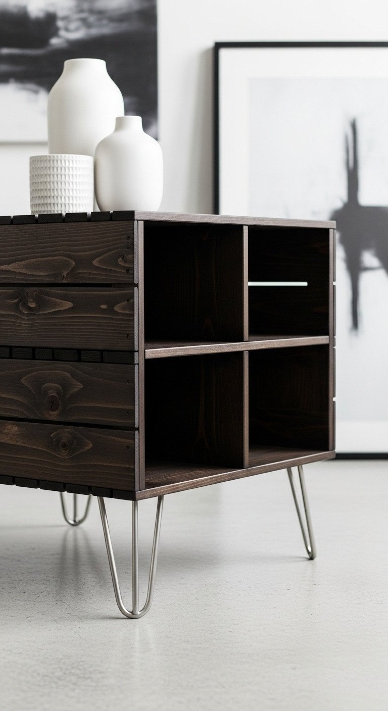 Genius DIY Crate Coffee Table Ideas For Smart Storage 9 Modern DIY crate coffee table with dark espresso stain, sleek metallic hairpin legs, and empty storage cubbies.