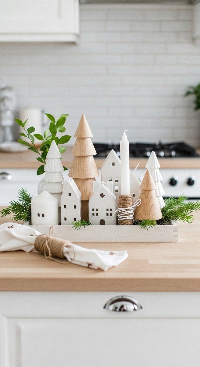Modern Scandinavian Christmas decor: wooden tray, minimalist trees, white ceramic houses, green foliage, natural design.