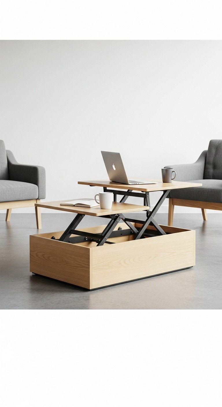 Modern adjustable height Japanese coffee table, versatile for work/dining, with laptop and mug. Sleek, clean living space.