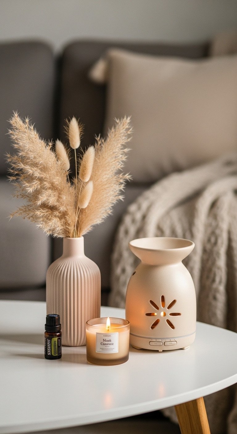 Modern ceramic oil diffuser, pampas grass, and candle on white coffee table with essential oil. Serene decor.