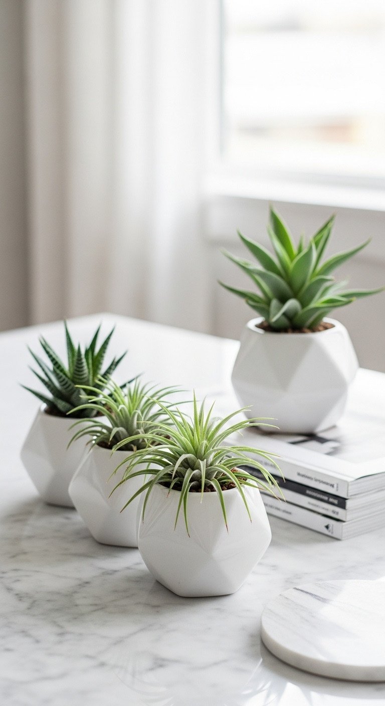 Modern coffee table with geometric white ceramic planters, succulents, and magazines. Fresh green and white minimalist decor, marble surface, bright light.