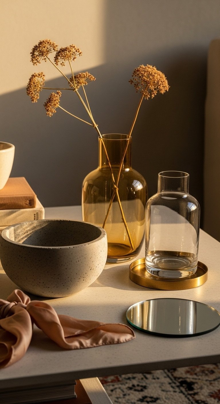 Modern coffee table with material contrast: rough concrete, sleek glass vase, and polished brass coaster. Golden hour light, elegant home decor.