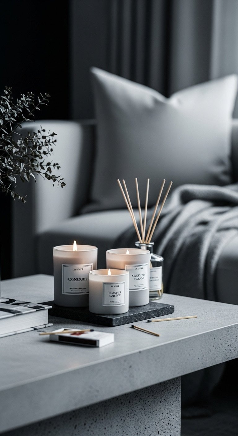 Modern concrete coffee table with sophisticated candle display, neutral pillar candles, and elegant reed diffuser. Soft lighting, cool tones.