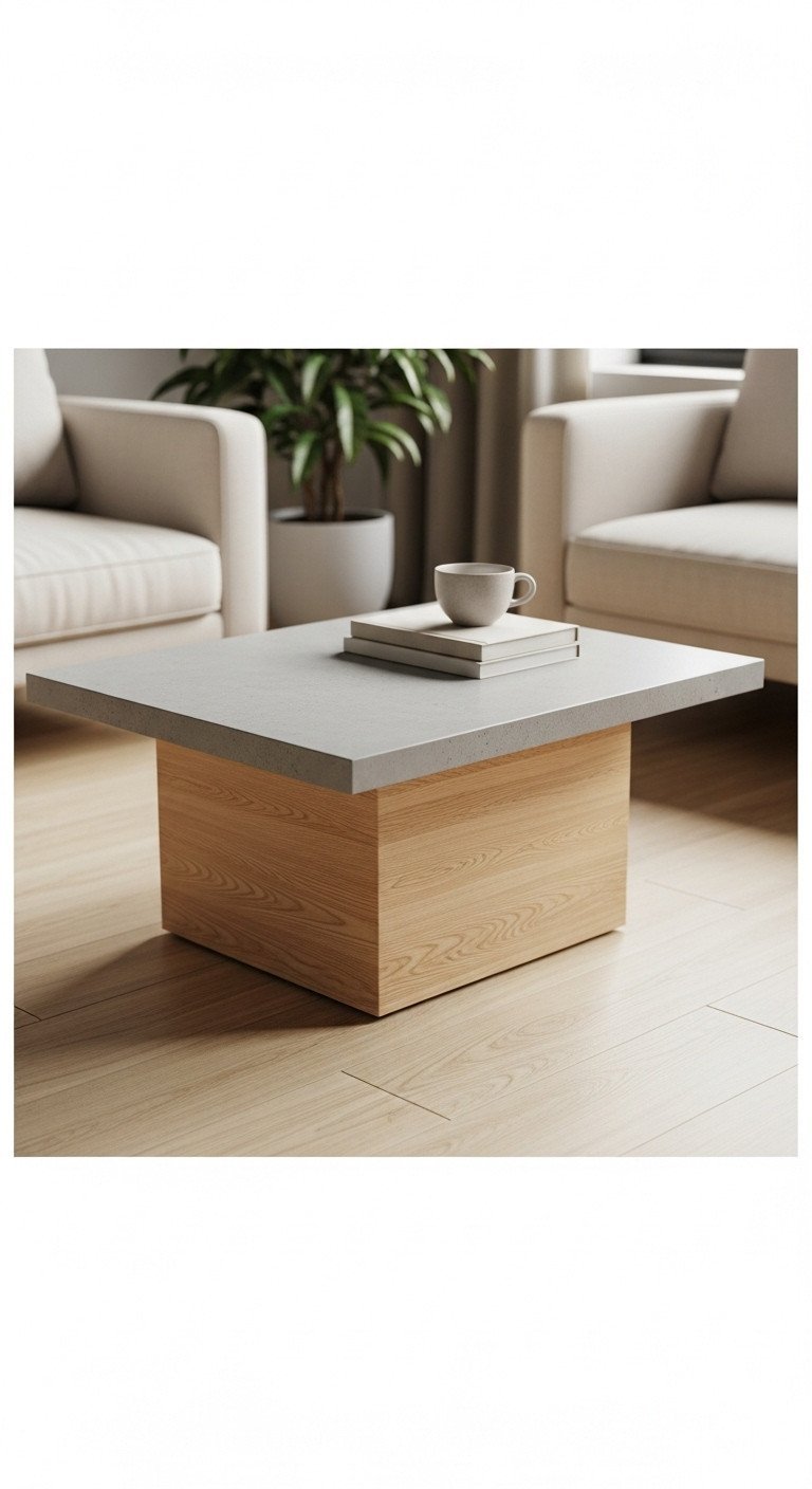 Modern concrete top coffee table with warm wood base, contrasting textures in a minimalist living area. Light wood floor, books, ceramic cup.