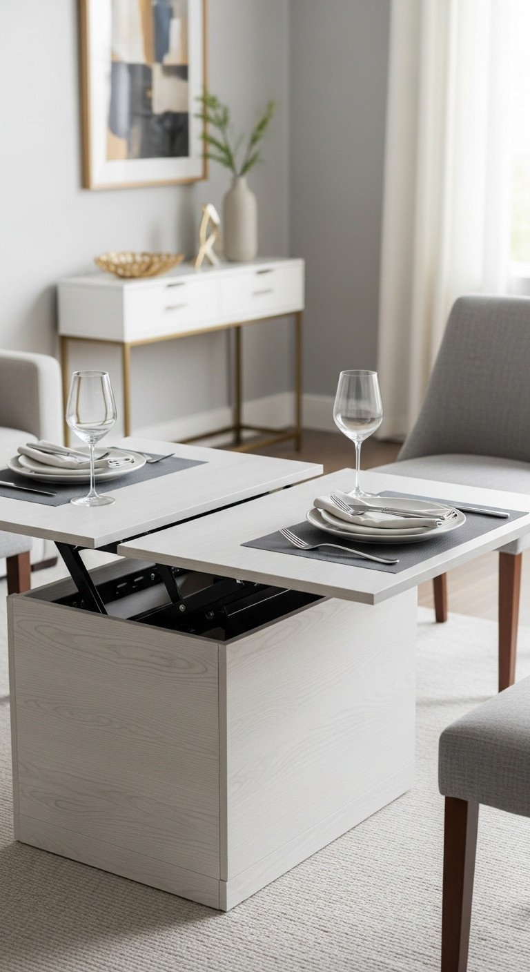 Modern convertible coffee table extended to dining height, showing versatile transformation. Neutral grays, woods in living room.