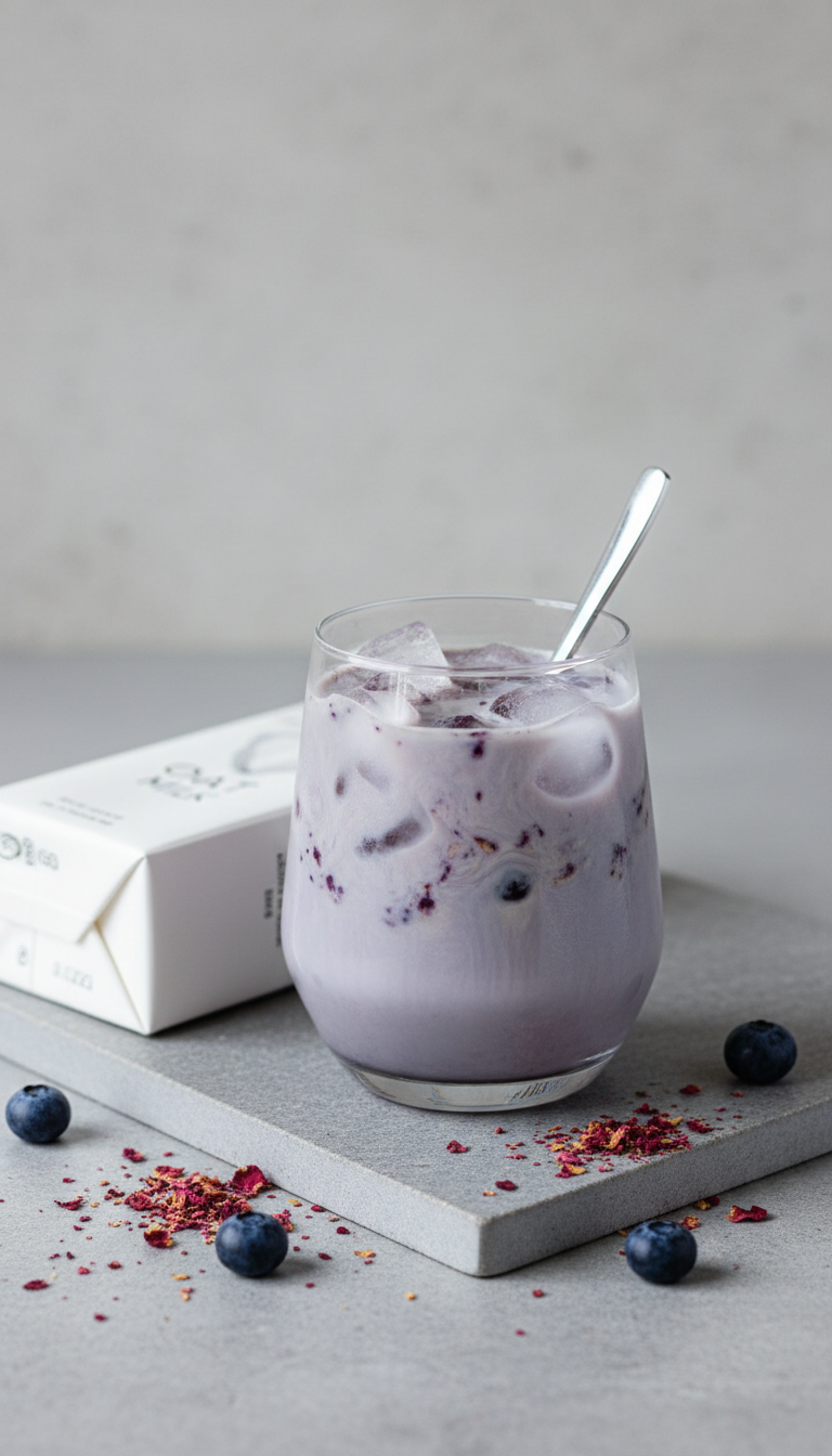 Dunkin Blueberry Iced Coffee Order: 7 Viral Recipes to Try 11 Modern, creamy oat milk blueberry iced coffee with grayish-purple tone, plant-based, on sleek grey stone surface.