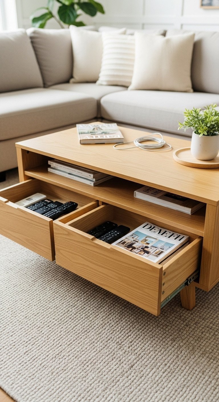 Modern family living room with rectangular wooden storage coffee table, ajar drawers revealing remotes & magazines.