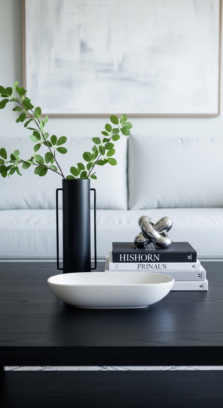 Modern farmhouse coffee table decor: black metal vase, greenery, B&W books, white ceramic bowl. Sleek minimalist.