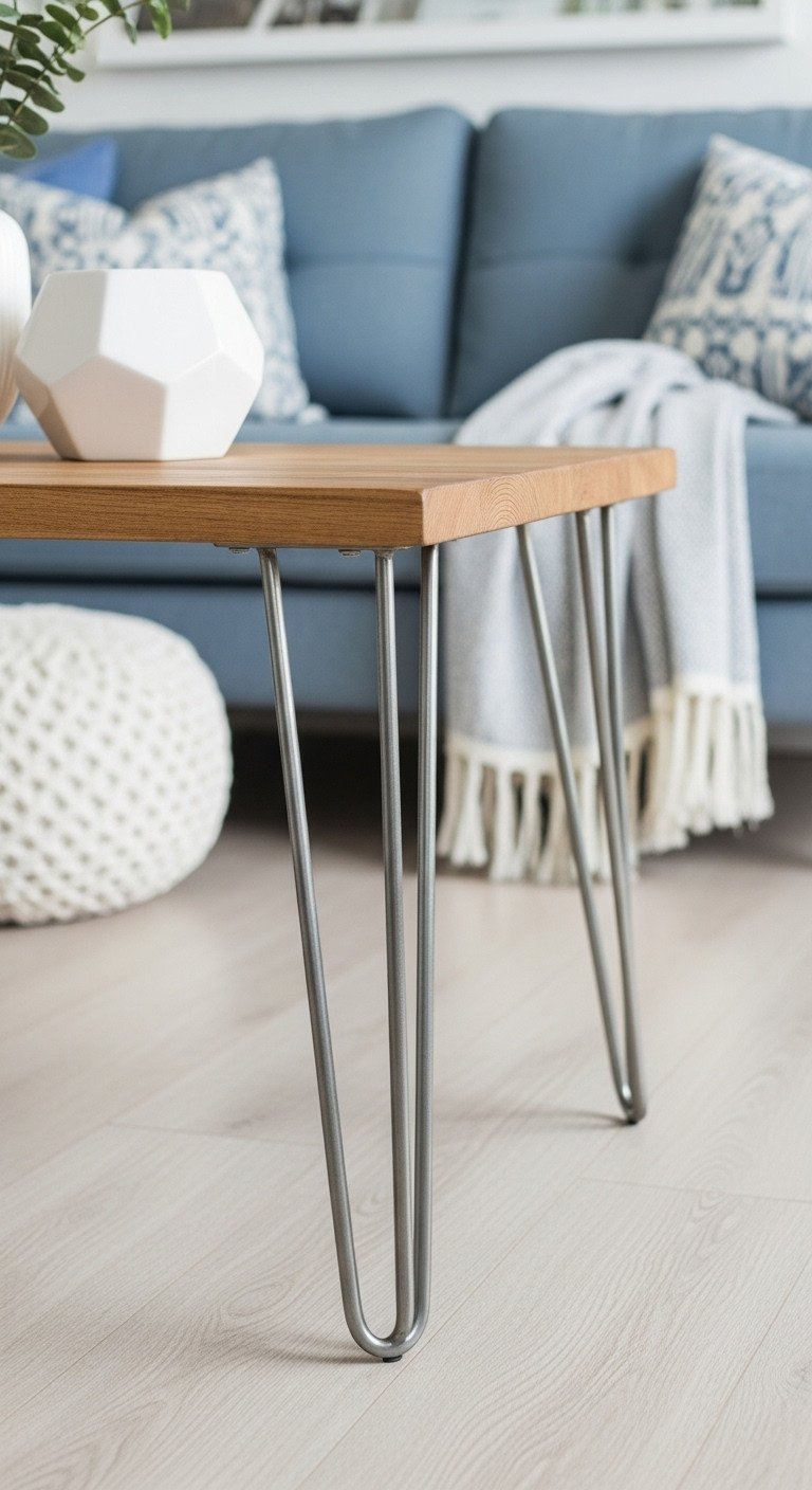 Modern farmhouse coffee table with rustic wood top and industrial metal hairpin legs. Minimalist room, white geometric planters.