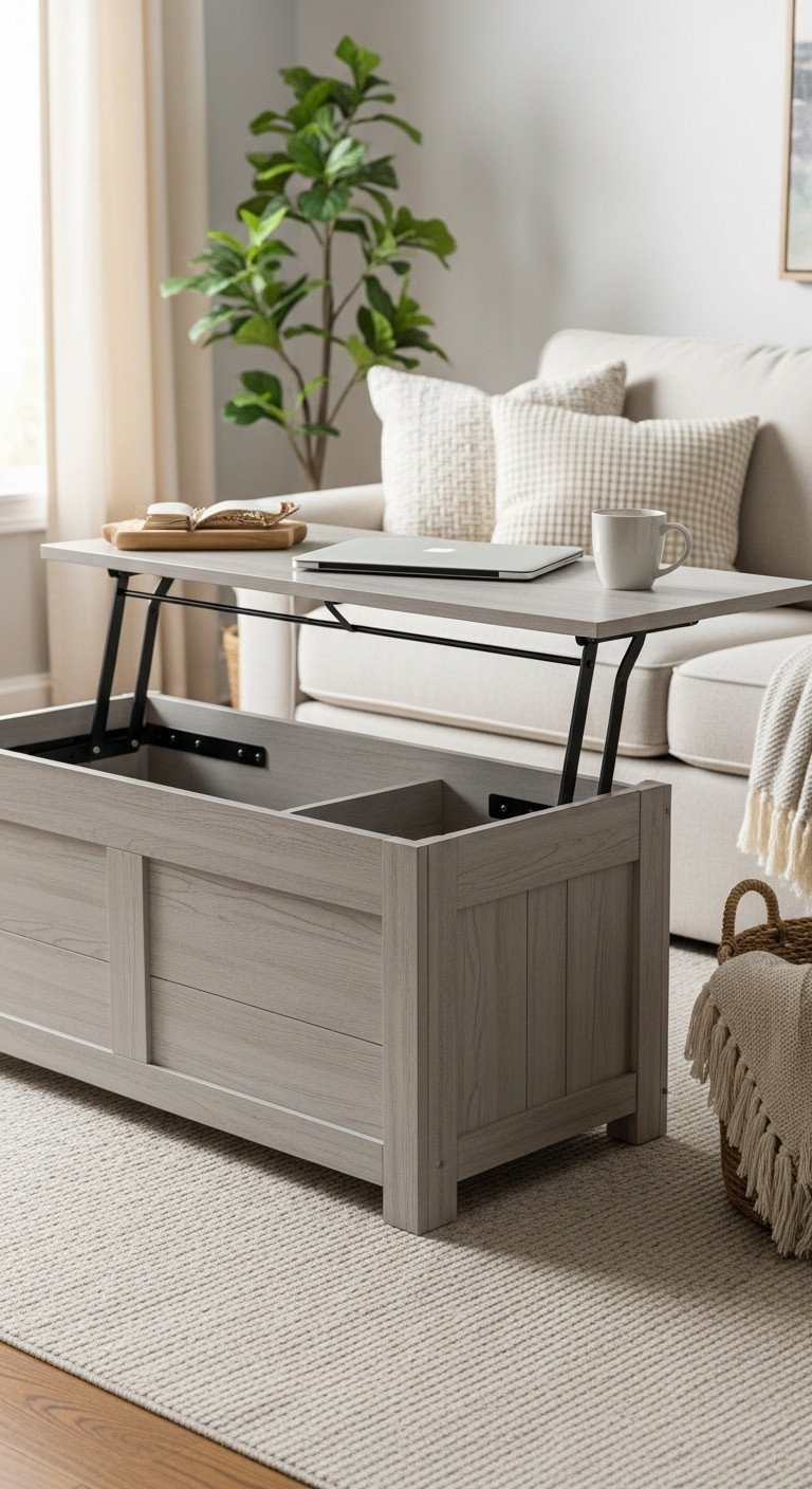 Modern farmhouse living room, light gray distressed lift-top coffee table, hidden storage, laptop, cozy decor.