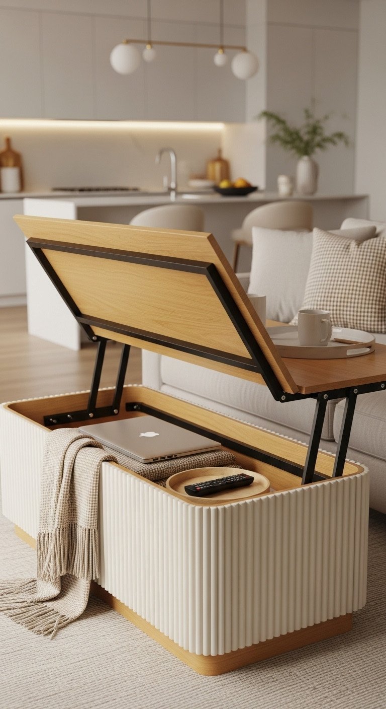 Genius Fluted Coffee Table Storage Ideas For Modern Homes 1 Modern fluted lift-top coffee table, warm wood, partially open, revealing deep hidden storage. Cozy living room setting with plush sofa.
