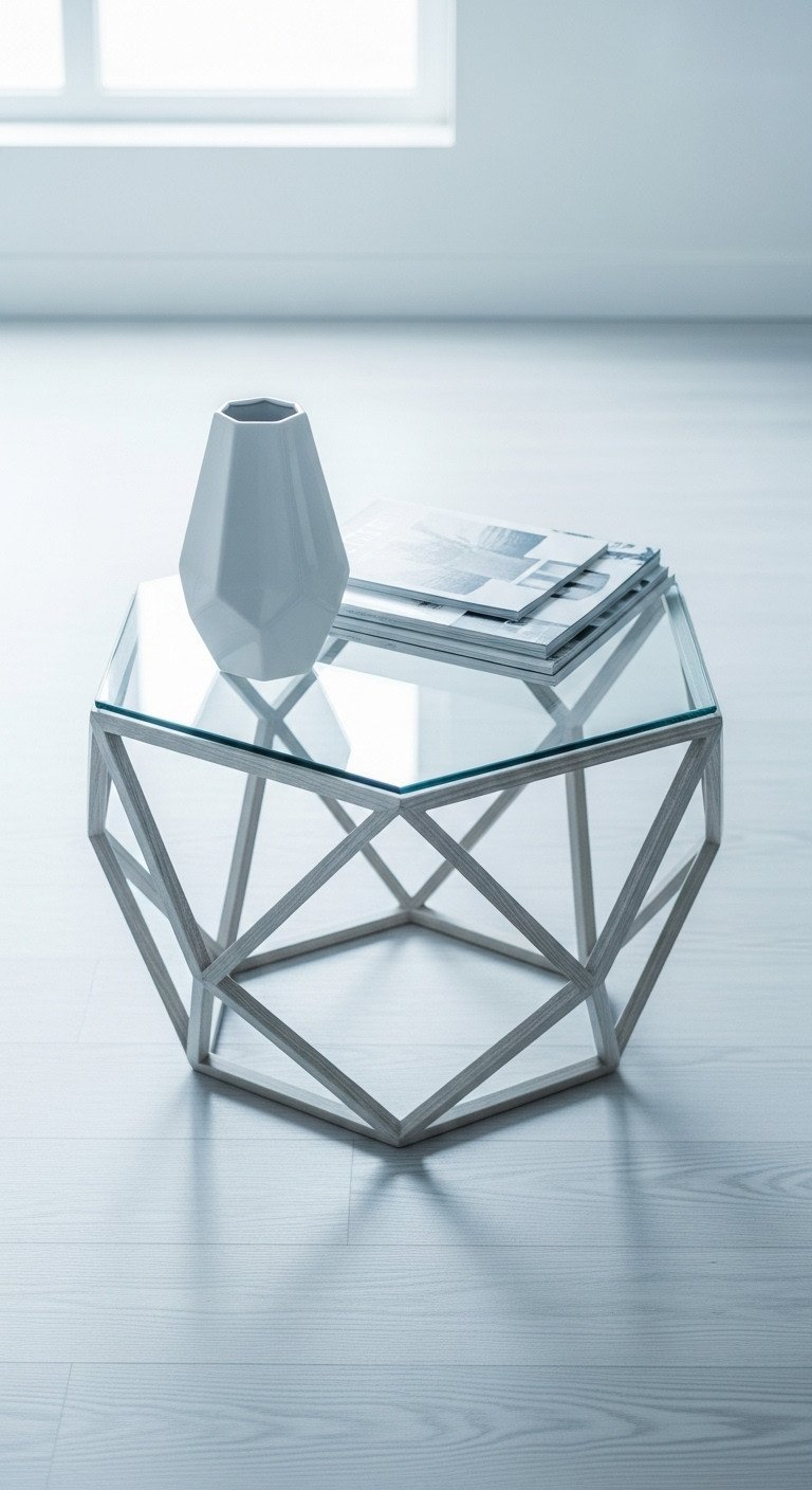 11 Genius Geometric Coffee Table Designs You Need 9 Modern geometric coffee table with clear tempered glass top and angular base on pale hardwood in a bright, organized living room.