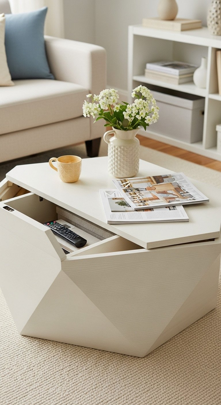 11 Genius Geometric Coffee Table Designs You Need 17 Modern geometric coffee table with clever concealed storage, discrete compartment open, in an organized living room.